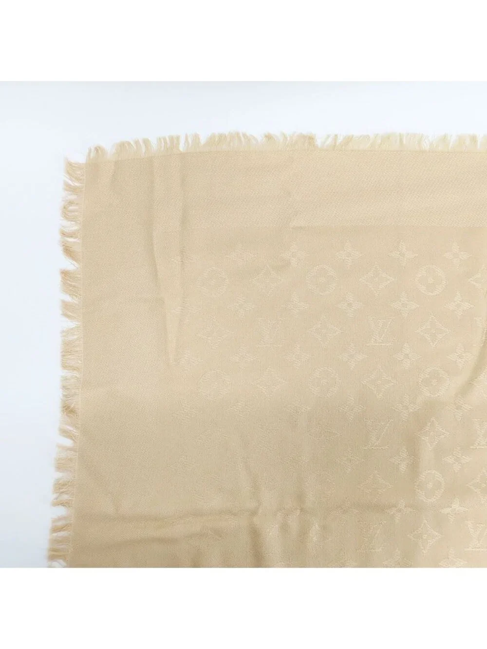 Louis Vuitton Heaven Shawl Large Monogram Fringe Silk Wool Beige Scarf